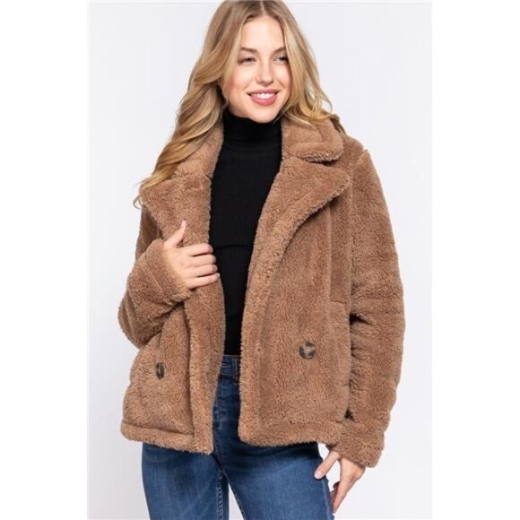 Hannah Joy Jackets & Blazers - Women's Camel Faux Fur Sherpa Jacket/ Fuzzy Coat/ Teddy Coat With Pockets